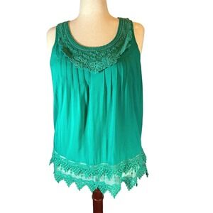Lace Tank Top Teal Green Sheer Back Size L Feminine Bright Color